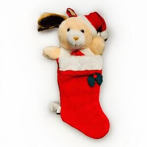 Vintage Plush Dog Christmas Stocking Santa Hat Red White Holiday Decoration 20”
